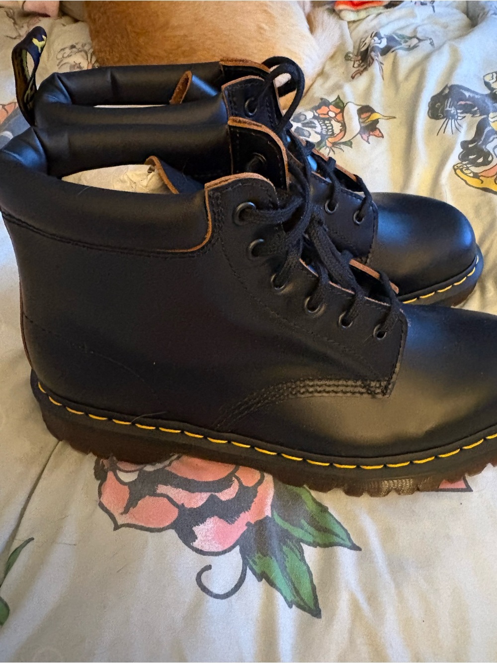 Doc Martens New Black Lace-Up Leather Boots with Yellow Stitching